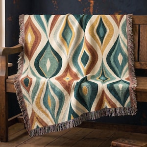 Retro diamantvävd pläd, bomullsfilt i 50-talets moderna färger, bohemisk geometrisk gobeläng, vintage- och modern gåva för hemmet