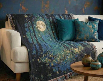 Enchanted Forest 100% Cotton Woven Throw Blanket with Full Moon and Fireflies – Cozy Woodland Tapestry for Nature Lovers