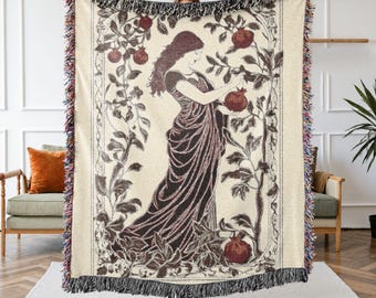 Persephone Pomegranate Woven Throw, 100% Cotton Greek Mythology Blanket, Hades Persephone Tapestry, Dark Academia Reader Gift