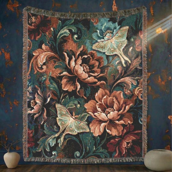 Luna Moth Woven Blanket, Moody Gothic Floral Throw, Dark Academia Decor, Baroque Woven Tapestry