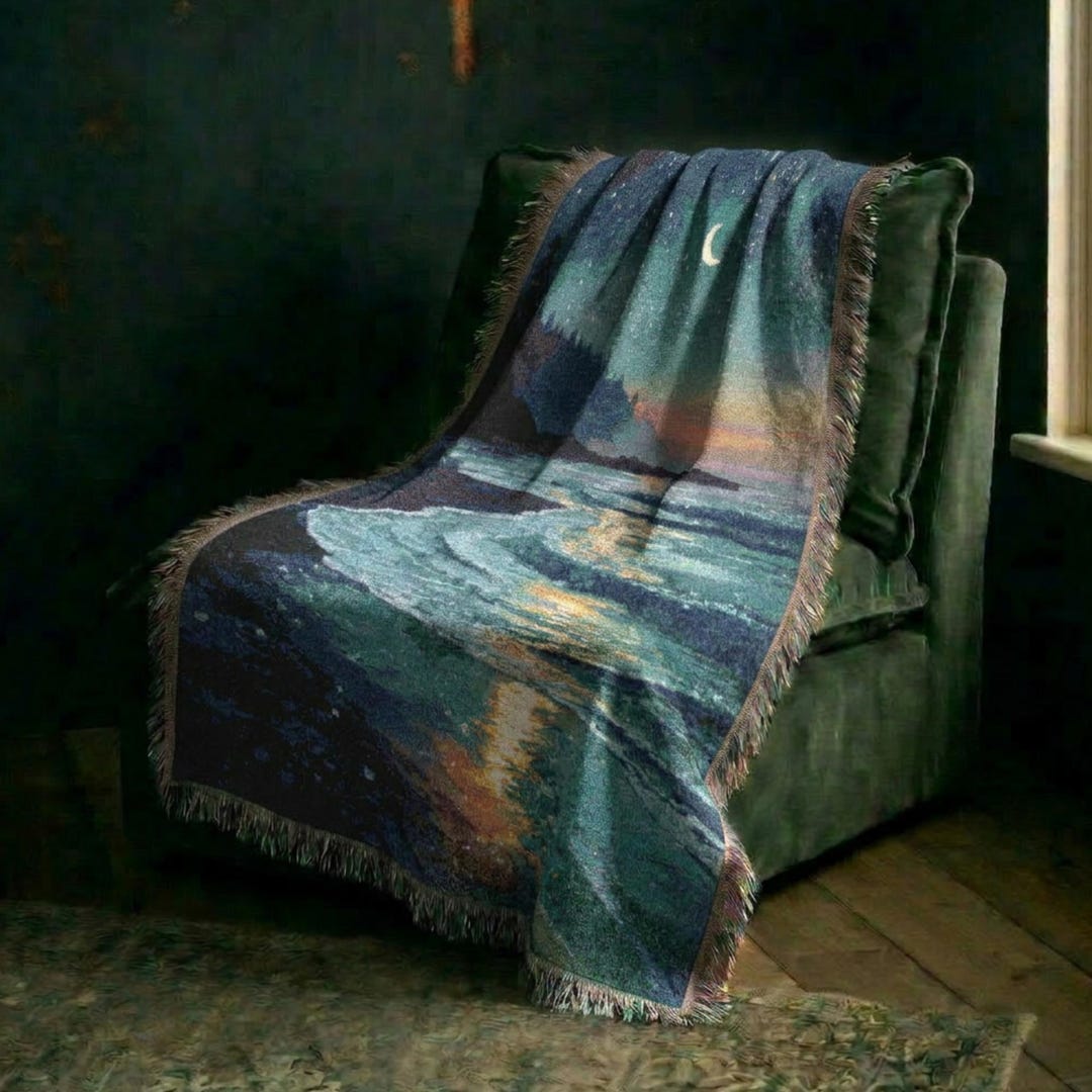 Celestial Shoreline Woven Throw, 100% Cotton Moonlit Ocean Blanket
