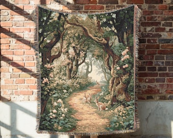 Enchanted Forest 100% Cotton Rabbit Woven Throw, Cottagecore Tapestry Blanket, Cozy Woodland Decor, Bunny Lover Gift, Nature Art Throw