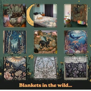 Op de afbeelding: Een collectie van negen geweven dekens met diverse op de natuur ge&iuml;nspireerde ontwerpen, waaronder een bos, een walvis, een zwart wezen, bloemmotieven en hemelse elementen. De tekst "Blankets in the wild..." staat onderaan.