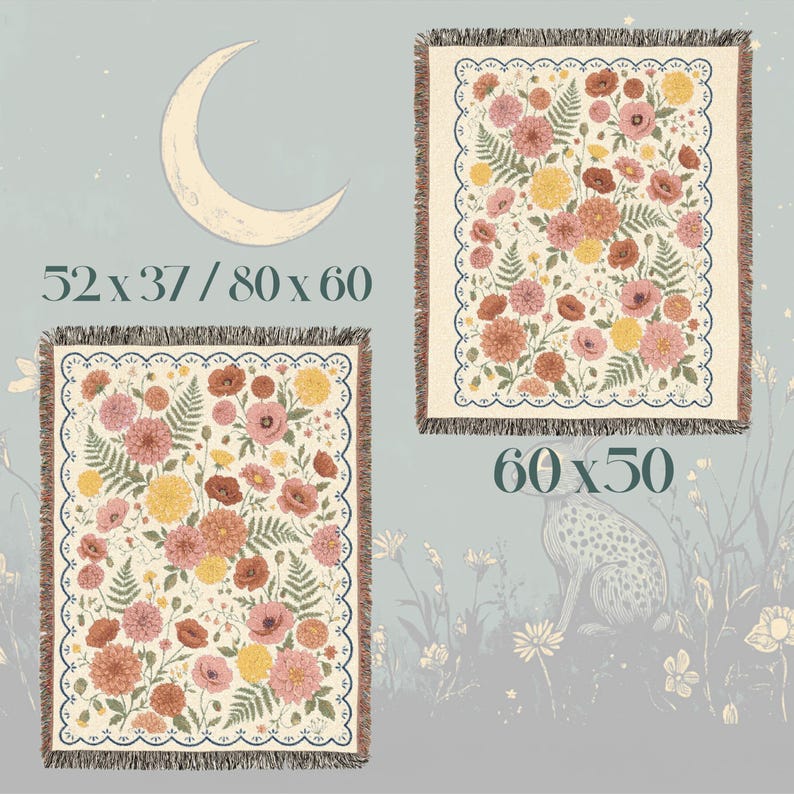 May include: Two floral throw blankets with fringed edges. One blanket is 52 x 37 inches, the other is 60 x 50 inches. The blankets feature a cream background with pink, orange, and yellow flowers and green fern leaves.