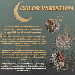 Op de afbeelding: Een informatieve afbeelding met de titel COLOR VARIATION, voorzien van een maansikkel, tekst over het weefproces van dekens met zes garenkleuren, en ronde inzetstukken die een deken en een bloemmotief tonen.