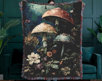 Dark Cottagecore Woven Throw, 100% Cotton Mushroom Blanket, Witchy Forest Tapestry, Whimsigoth Nature Gift