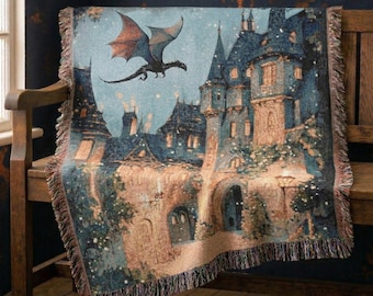 Mittelalterliche Decke mit schwarzem Drachen, 100% Baumwolle gewebte Decke, verzauberter Schloss, Fantasy-Überwurf, gemütlicher gotischer Wandteppich