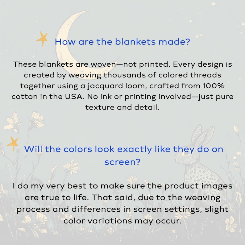 May include: Image with text explaining how blankets are made, woven with colored threads on a jacquard loom from 100% cotton in the USA. The text also addresses color variations due to weaving and screen settings.