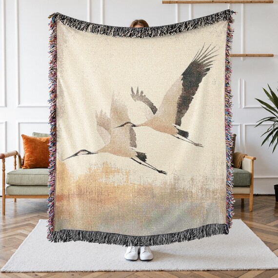 Minimalist Japandi Crane Woven Throw, 100% Cotton Neutral Home Blanket, Modern Bird Lover Gift, Minimalist Nature Tapestry