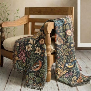 Coperta intrecciata Cottagecore con motivo uccellini canori, 100% cotone, coperta floreale botanica, accogliente arazzo da giardino, regalo per amanti della natura