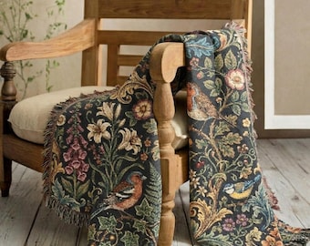 Cottagecore Songbird Woven Throw, 100% Cotton Floral Botanical Blanket, Cozy Garden Tapestry, Nature Lover Gift