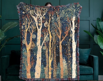 Winter Birch Forest Woven Throw, 100% Cotton Enchanted Woods Blanket, Snowy Tree Tapestry, Cozy Nature Lover Gift