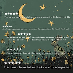 May include: A dark green blanket with a whimsical design featuring a crescent moon, stars, flowers, and a rabbit. The blanket has customer reviews with star ratings and text. The overall theme is nature and fantasy.