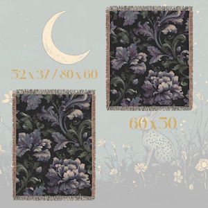 May include: Woven throw blankets with floral patterns in shades of purple, green, and cream on a black background. The blankets have fringed edges and are available in various sizes, including 52x37 inches and 60x50 inches.