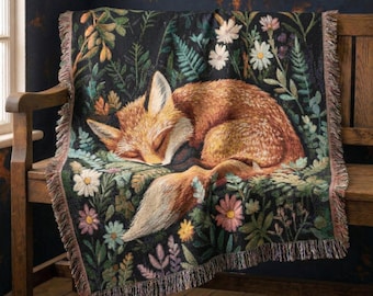 Narzuta Sleepy Fox 100% bawełny tkana, koc Cottagecore Forest, gobelin z leśnymi zwierzętami, przytulny wystrój natury, botaniczna sztuka lisa, narzuta z bajki