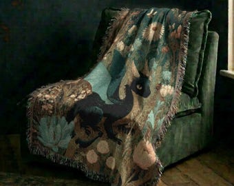 Black Dragon 100% Cotton  Woven Blanket, Mystical Wildflower Tapestry for Fantasy Home Decor