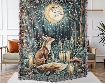 Manta tejida de zorro del bosque encantado, 100 % algodón, diseño de bosque celestial, acogedor regalo de cabaña Forestcore, tapiz de naturaleza mística