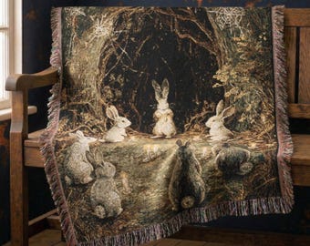 Whimsigoth Rabbit Coven Woven Throw Blanket, Bunny Lover Tapestry, Dark Cottagecore Decor, Witchy Cozy Gift, Gothic Blanket