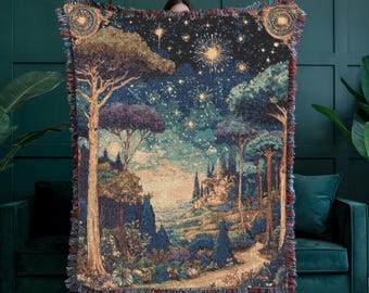 Enchanted Forest Woven Throw Blanket, 100% Cotton Magical Woodland Throw, Whimsical Nature Tapestry, Fairy Tale Decor