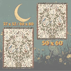 Cottage kern bloemen blauwe vogel geweven plaid, katoenen lente botanische deken, gezellig tapijt zangvogel, cadeau natuurliefhebber afbeelding 4