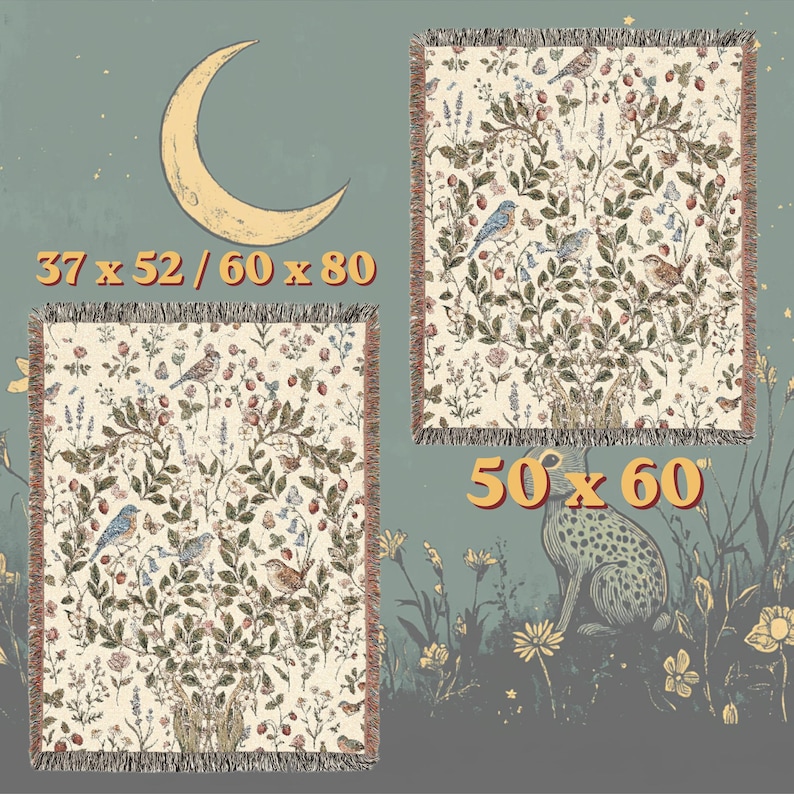 Cottage kern bloemen blauwe vogel geweven plaid, katoenen lente botanische deken, gezellig tapijt zangvogel, cadeau natuurliefhebber afbeelding 4
