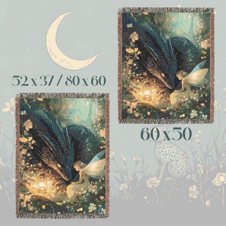 Enchanted Dragon 100% Cotton Woven Blanket, Fantasy Throw for Gothic Home Decor, Mythical Creature Medieval Tapestry image 3