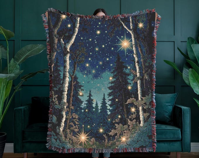 Enchanted Forest 100% Cotton Woven Throw Blanket with Starlit Sky and Birch Trees – Cozy Woodland Tapestry for Nature Lovers