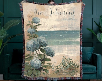 Personalized Blue Hydrangea Woven Throw Blanket – Family Name Beach Blanket, Coastal Decor, Cape Cod Style Gift, Beach House Throw