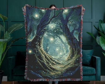 100% Cotton Woven Enchanted Forest Blanket, Whimsigoth Decor, Dark Academia Fantasy Throw, Magical Woodland Tapestry, Dark Naturecore Decor