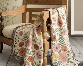 Cottagecore Wildflower Woven Throw, Cotton Floral Boho Blanket, Cozy Garden Tapestry
