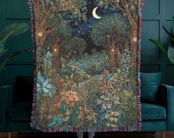 Enchanted Forest Woven Throw Blanket, 100% Cotton Magical Woodland Throw, Whimsical Nature Tapestry, Fairy Tale Decor