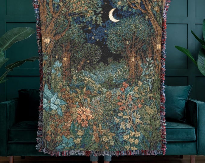 Enchanted Forest Woven Throw Blanket, 100% Cotton Magical Woodland Throw, Whimsical Nature Tapestry, Fairy Tale Decor