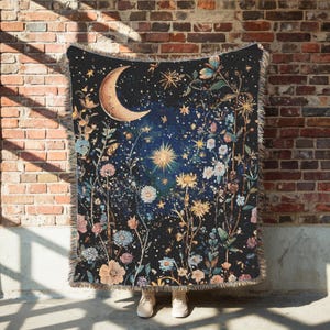 Sun and Moon Floral Woven Blanket, Fairycore Decor, Whimsigoth Decor, Witchy Blanket, Sun Moon Tapestry, Celestial Throw, Boho Woven Blanket