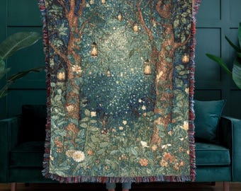 Enchanted Forest Woven Throw Blanket, 100% Cotton Magical Woodland Throw, Whimsical Nature Tapestry, Fairy Tale Decor