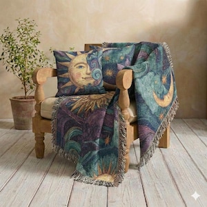 Whimsigoth Sun and Moon Woven Throw, 100% Cotton Purple Celestial Blanket, Cozy Witchy Tapestry, Mystical Dorm Room Decor image 9