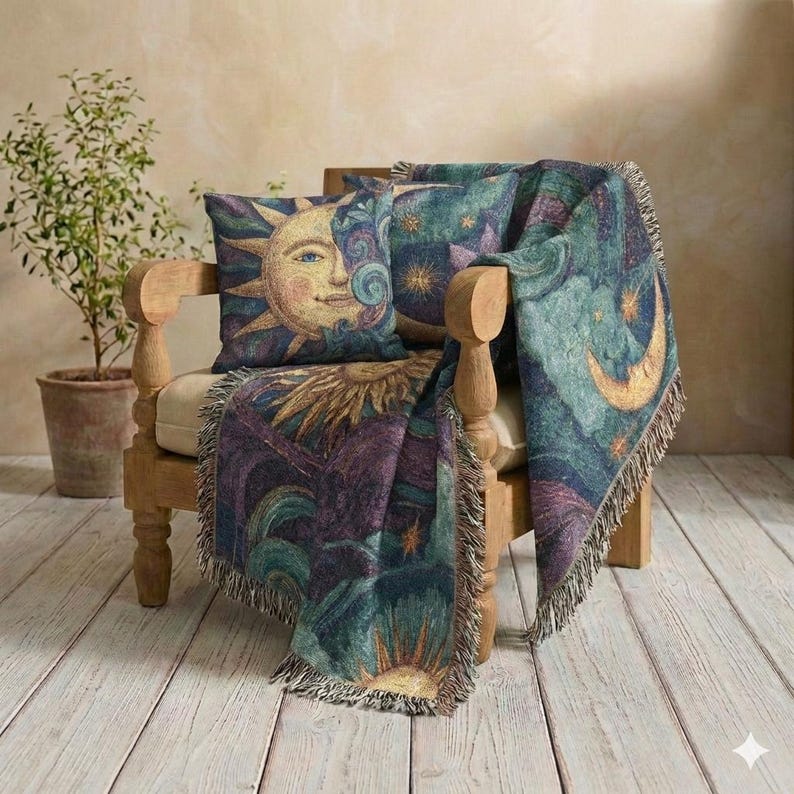 Whimsigoth Sun and Moon Woven Throw, 100% Cotton Purple Celestial Blanket, Cozy Witchy Tapestry, Mystical Dorm Room Decor image 9