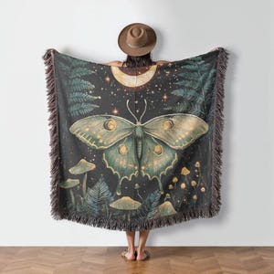 Luna Moth Forest Woven Blanket, Tapestry Blanket, Witch Decor, Botanical Witchcore Decor, Goblincore Blanket, Whimsigoth Decor