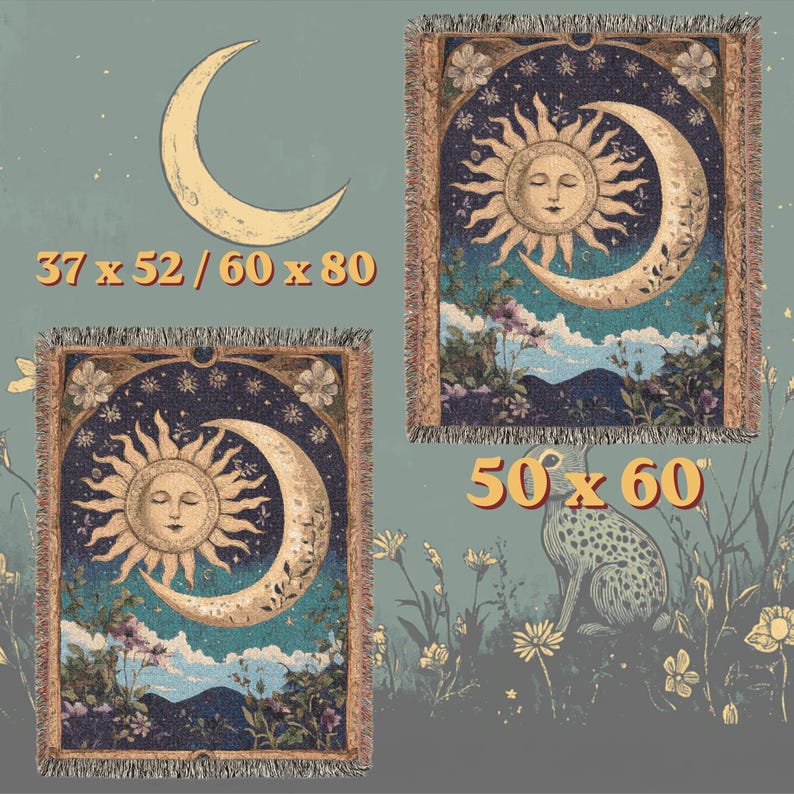 Manta tejida con diseño de sol y luna – Tapiz del Tarot Celestial, Regalo de Astrología Fantasíaca, Decoración Gótica Cósmica, Manta Mística para Dormitorio imagen 3