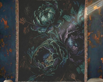Dark Floral Peony Woven Throw, 100% Cotton Gothic Dark Academia Blanket, Moody Whimsigoth Tapestry