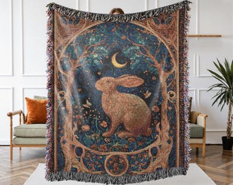 Whimsigoth Rabbit 100% Cotton Woven Throw Blanket – Celestial Bunny Tapestry, Cottagecore Enchanted Forest Decor