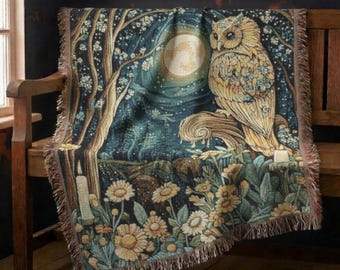 Celestial Owl Woven Throw Blanket, Whimsigoth Cotton Blanket, Witchy Owl Lover Gift, Enchanted Forest Tapestry Wall Hanging