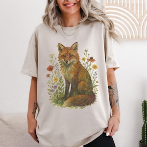 Chemise renard cottage, chemise folklore florale renard forestier collage, tshirt vintage forestcore, t-shirt renard art folklorique, esthétique cottagecore