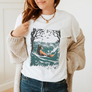 Cottagecore Fox Shirt, Folklore Forest Fox Lino Print Shirt, Vintage Forestcore TShirt, Folk Art Linocut Fox T-Shirt, Cottagecore Aesthetic
