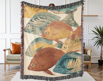 Manta maximalista de peces oceánicos, decoración costera llamativa, manta de arte marino vintage, regalo náutico, manta colorida para casa de playa
