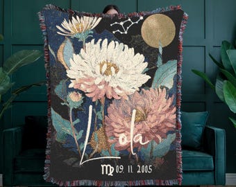 Personalized September Birthday Woven Throw Blanket, Custom Name Virgo Libra Constellation Tapestry, Astrology Zodiac, Celestial Dorm Decor