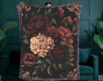 Dark Academia Burgundy Vintage Floral Woven Throw, 100% Cotton Baroque Tapestry Blanket, Maximalist Home Decor, Dark Cottagecore Throw