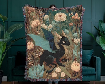 Black Dragon 100% Cotton  Woven Blanket, Mystical Wildflower Tapestry for Fantasy Home Decor