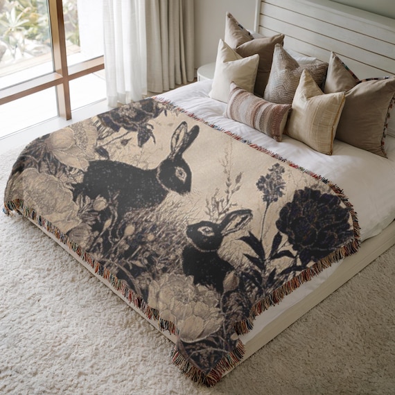 Whimsigoth Rabbit Woven Throw, 100% Cotton Dark Cottagecore Rabbit Blanket, Botanical Gothic Tapestry, Dark Floral Decor
