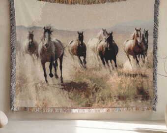 100%コットンの走る馬の織りブランケット、ウエスタンタペストリー