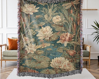 Art Nouveau Floral Woven Throw, 100% Cotton Botanical Water Lily Blanket, Tapestry, Cottagecore Gift for Garden Lovers